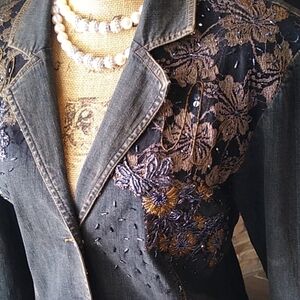 Nancy Bolen Soft Black Tailored Denim Embellished Blazer sz 14